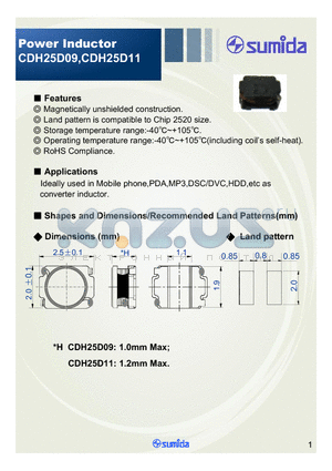 CDH25D09HF-1R0NC datasheet - Magnetically unshielded construction RoHS Compliance