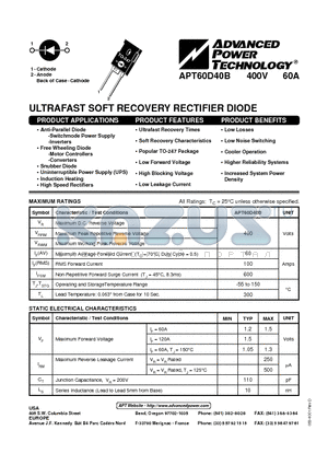 APT60D40B datasheet - ULTRAFAST SOFT RECOVERY RECTIFIER DIODE