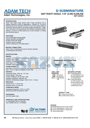 DB25SS24 datasheet - D-SUBMINIATURE SMT RIGHT ANGLE .118