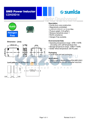CDH25D14HF-1R0NC datasheet - Ferrite drum core construction