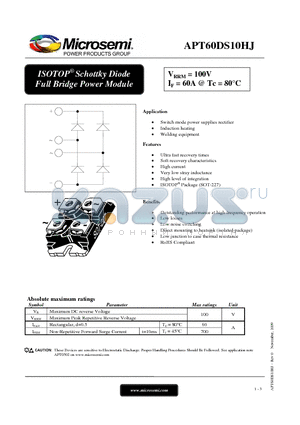 APT60DS10HJ datasheet - ISOTOP Schottky Diode Full Bridge Power Module