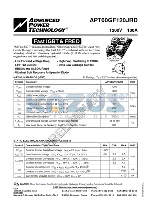 APT60GF120JRD datasheet - The Fast IGBT is a new generation of high voltage power IGBTs.