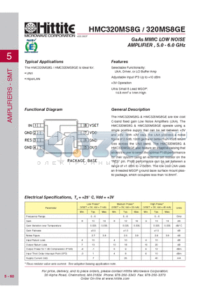 320MS8GE datasheet - GaAs MMIC LOW NOISE AMPLIFIER , 5.0 - 6.0 GHz