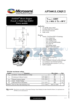 APT60GL120JU2 datasheet - ISOTOP^ Boost chopper Trench  Field Stop IGBT4 Power module