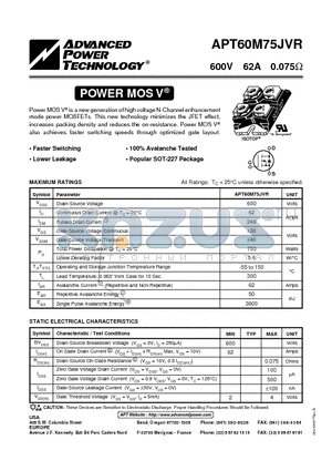 APT60M75 datasheet - Power MOS V is a new generation of high voltage N-Channel enhancement mode power MOSFETs.