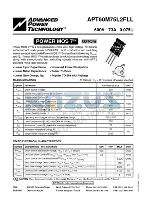 APT60M75L2FLL datasheet - Power MOS 7TM is a new generation of low loss, high voltage, N-Channel enhancement mode power MOSFETS.