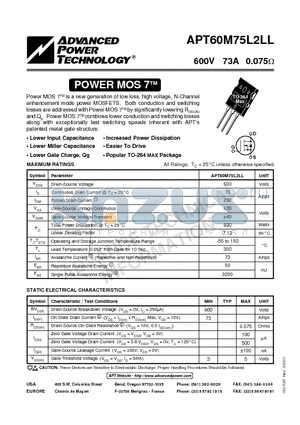 APT60M75L2LL datasheet - Power MOS 7TM is a new generation of low loss, high voltage, N-Channel enhancement mode power MOSFETS.