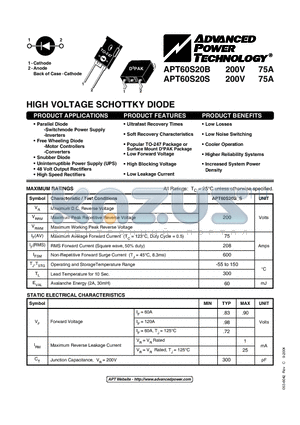 APT60S20S datasheet - HIGH VOLTAGE SCHOTTKY DIODE