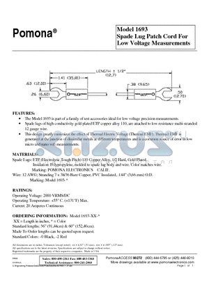 1693-63-0 datasheet - Spade Lug Patch Cord For Low Voltage Measurements