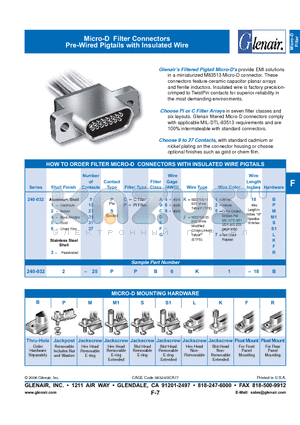 240-032125SC datasheet - Micro-D Filter Connectors Pre-Wired Pigtails with Insulated Wire