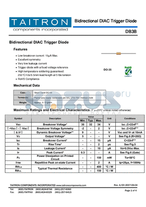 DB3B datasheet - Bidirectional DIAC Trigger Diode