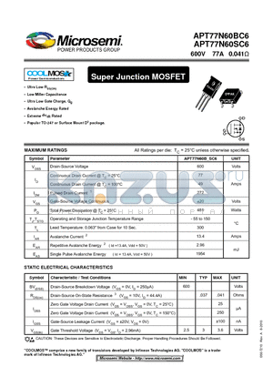 APT77N60BC6 datasheet - Super Junction MOSFET