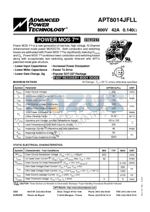 APT8014JFLL datasheet - Power MOS 7TM is a new generation of low loss, high voltage, N-Channel enhancement mode power MOSFETS.