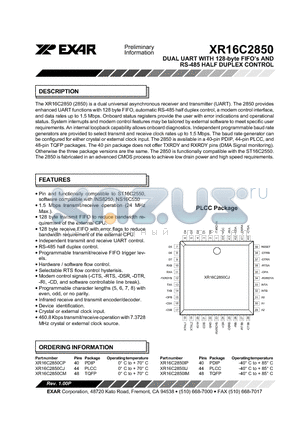 16C2850 datasheet - DUAL UART WITH 128-byte FIFOs AND RS-485 HALF DUPLEX CONTROL