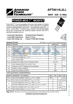 APT8014L2LL datasheet - Power MOS 7TM is a new generation of low loss, high voltage, N-Channel enhancement mode power MOSFETS.