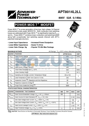 APT8014L2LL-03 datasheet - Power MOS 7TM is a new generation of low loss, high voltage, N-Channel enhancement mode power MOSFETS.