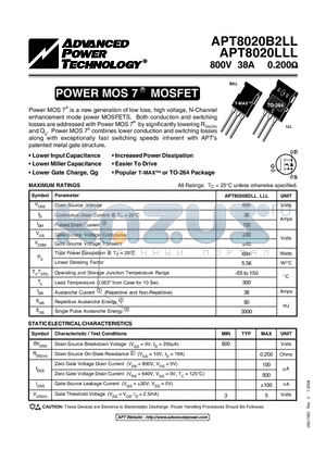 APT8020B2LL datasheet - Power MOS 7TM is a new generation of low loss, high voltage, N-Channel enhancement mode power MOSFETS.