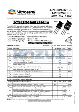 APT8024B2FLL datasheet - Power MOS 7TM is a new generation of low loss, high voltage, N-Channel enhancement mode power MOSFETS.