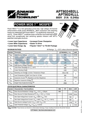 APT8024LLL datasheet - Power MOS 7TM is a new generation of low loss, high voltage, N-Channel enhancement mode power MOSFETS.
