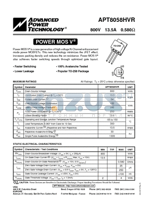 APT8058HVR datasheet - Power MOS V is a new generation of high voltage N-Channel enhancement mode power MOSFETs.