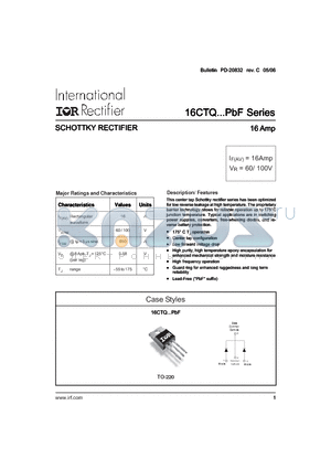 16CTQ060PBF datasheet - SCHOTTKY RECTIFIER 16 Amp