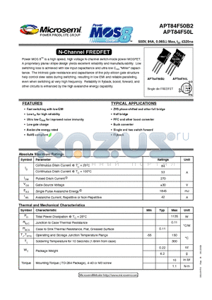 APT84F50B2 datasheet - N-Channel FREDFET