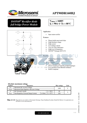 APT90DR160HJ datasheet - ISOTOP Rectifier diode full bridge Power Module