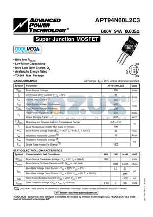 APT94N60L2C3 datasheet - Super Junction MOSFET