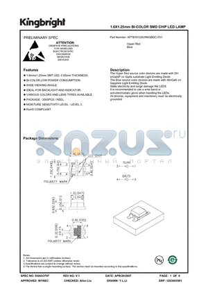 APTB1612SURKQBDC-F01 datasheet - 1.6X1.25mm BI-COLOR SMD CHIP LED LAMP