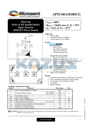 APTC60AM18SCG datasheet - Phase leg Series & SiC parallel diodes Super Junction MOSFET Power Module