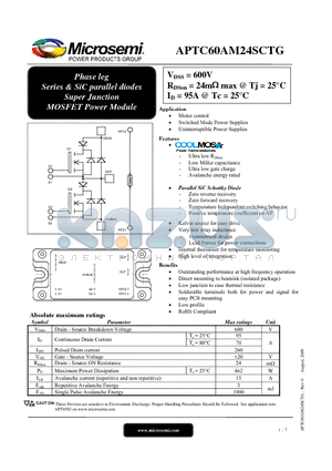 APTC60AM24SCTG datasheet - Phase leg Series & SiC parallel diodes Super Junction MOSFET Power Module