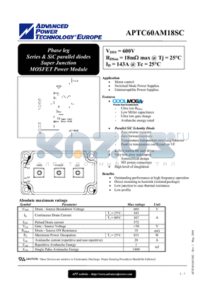APTC60AM18SC datasheet - Phase leg Series & SiC parallel diodes Super Junction MOSFET Power Module