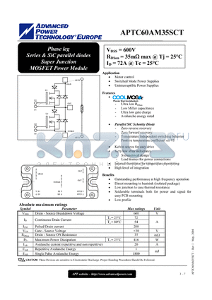 APTC60AM35SCT datasheet - Phase leg Series & SiC parallel diodes Super Junction MOSFET Power Module
