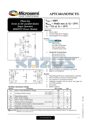 APTC60AM35SCTG datasheet - Phase leg Series & SiC parallel diodes Super Junction MOSFET Power Module
