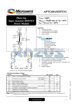 APTC60AM35T1G datasheet - Phase leg Super Junction MOSFET Power Module