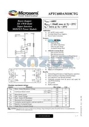 APTC60DAM18CTG datasheet - Boost chopper SiC FWD diode Super Junction MOSFET Power Module