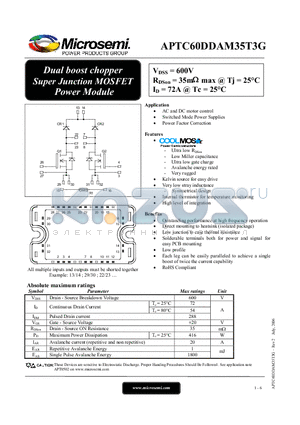 APTC60DDAM35T3G datasheet - Dual boost chopper Super Junction MOSFET Power Module