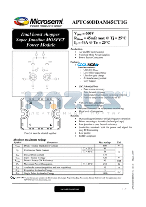 APTC60DDAM45CT1G datasheet - Dual boost chopper Super Junction MOSFET Power Module