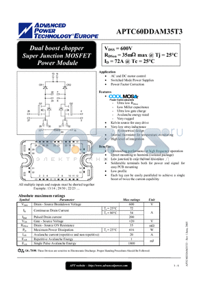 APTC60DDAM35T3 datasheet - Dual boost chopper Super Junction MOSFET Power Module