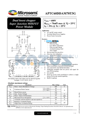 APTC60DDAM70T3G datasheet - Dual boost chopper Super Junction MOSFET Power Module