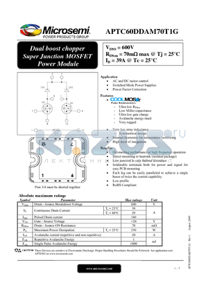 APTC60DDAM70T1G datasheet - Dual boost chopper Super Junction MOSFET Power Module