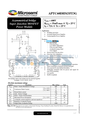 APTC60DHM35T3G datasheet - Asymmetrical bridge Super Junction MOSFET Power Module