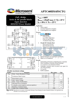 APTC60HM45SCTG datasheet - Full - Bridge Series & SiC parallel diodes Super Junction MOSFET Power Module