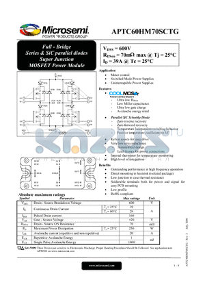 APTC60HM70SCTG datasheet - Full - Bridge Series & SiC parallel diodes Super Junction MOSFET Power Module