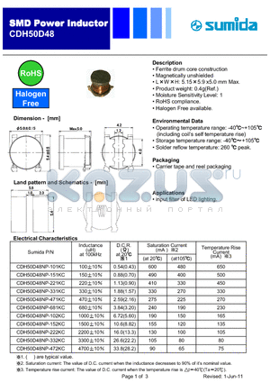 CDH50D48NP-221KC datasheet - Ferrite drum core construction