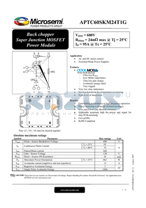 APTC60SKM24T1G datasheet - Buck chopper Super Junction MOSFET Power Module