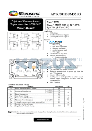 APTC60TDUM35PG datasheet - Triple dual Common Source Super Junction MOSFET Power Module