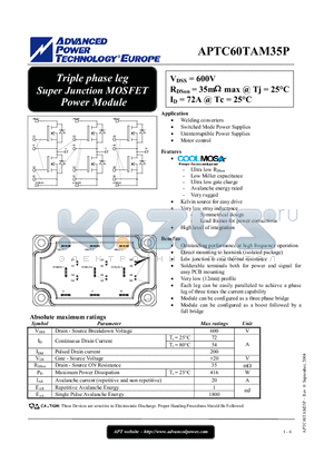 APTC60TAM35P datasheet - Triple phase leg Super Junction MOSFET Power Module