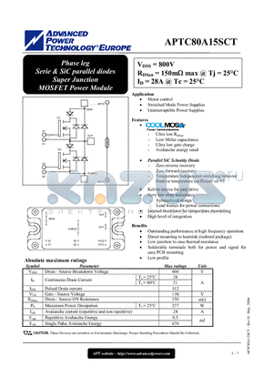 APTC80A15SCT datasheet - Phase leg Series & SiC parallel diodes Super Junction MOSFET Power Module