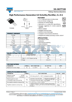 16CTT100 datasheet - High Performance Generation 5.0 Schottky Rectifier, 2 x 8 A